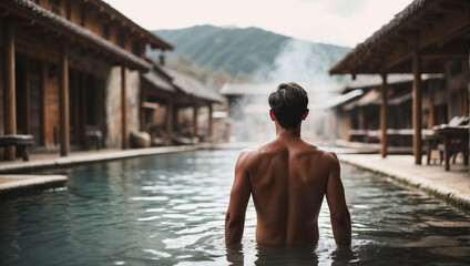 back view of a man in a hot spring pool
