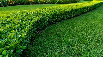 Fototapeten Beautiful manicured lawn and flowerbed with deciduous shrubs on plot or Park outdoor. Green lawn closely mowed grass © Pascal