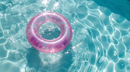 pink inflatable swimming ring with glitter on the water. - obrazy, fototapety, plakaty