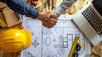 Customer and engineer shaking hand to approve drawing and schedule after meeting with helmet and laptop on the table background.