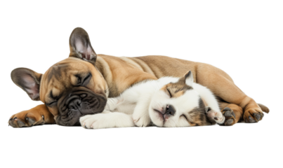 A small cute dog sleeping with cutie cat.