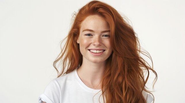 A smiling redhead girl with freckles. A beautiful woman with red hair smiling. Modeling and beauty concept. Natural beauty. Redhead model with freckles.