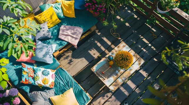 Cozy summer patio with DIY palette furniture and colorful pillows. Amazing low waste garden design