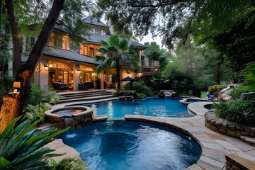 backyard Jacuzzi hot tub pool tropical mansion luxury dusk 