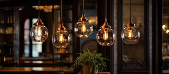 Multiple lighting fixtures suspended from the ceiling, creating a well-lit atmosphere in an industrial-style interior space. The lights vary in size and design, casting a warm glow throughout the area