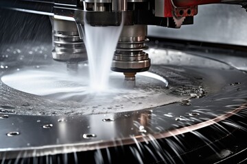 Machine using water pressure to cut through stainless steel materials