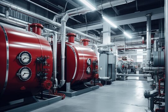 Modern boiler room with gas boilers, industrial heating.