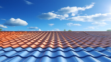 Close-up of roof of house with blue sky - obrazy, fototapety, plakaty