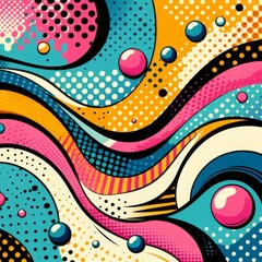 A vector illustration featuring a colorful background in pop art style, characterized by an abstract spotty pattern reminiscent of the Memphis texture style. This vibrant and dynamic design - obrazy, fototapety, plakaty