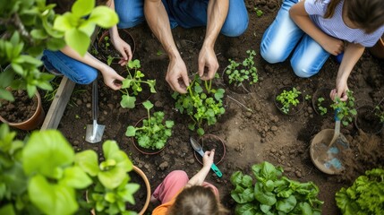 A woman and girls are leisurely planting hair, plants, and houseplants in flowerpots on the grassy garden, sharing the joy of terrestrial plant adaptation. AIG41