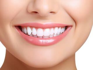 A detail of the smile womans mouth with white teeth isollated on the transparent background.