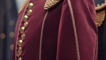 A burgundy velvet blazer with gold braided trim and militaryinspired shoulder detailing perfect for a formal event at the officers club.