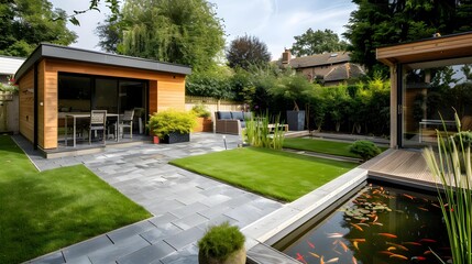 view of a back garden with artificial grass, grey paving slab patio, summer house garden timber outbuilding, fish pond