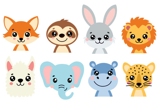 Set with cute animals fox, sloth, hare, lion cub, llama, elephant, hippopotamus and leopard. Vector illustration. Cute children's background