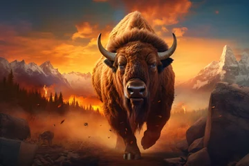 Rolgordijnen a bison running in the mountains © Andrei