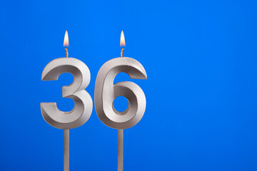 Birthday candle number 36 - Celebration card on blue background