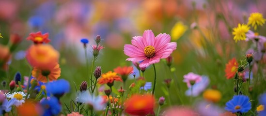 A mesmerizing scene of a vast field teeming with a diverse array of wildflowers and other beautiful blossoms.