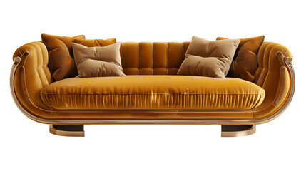 a unique sofa with beautiful cushions, with sleek curves, transparent background 