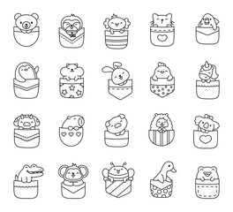 Cute animals in the pocket. Coloring Page. Cartoon funny characters. Hand drawn style. Vector drawing. Collection of design elements.