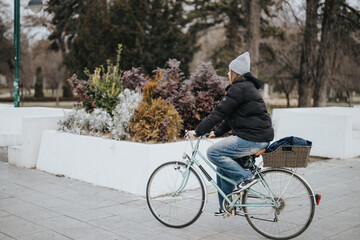 Casual cyclist riding a classic bicycle in a park during winter.