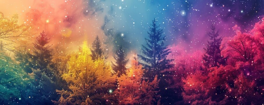 a photo of a colorful forest with stars above it Generative AI