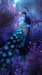 Luminescent Peacock Amidst Mystic Purple Forest. Male peacock in a lavender field. 