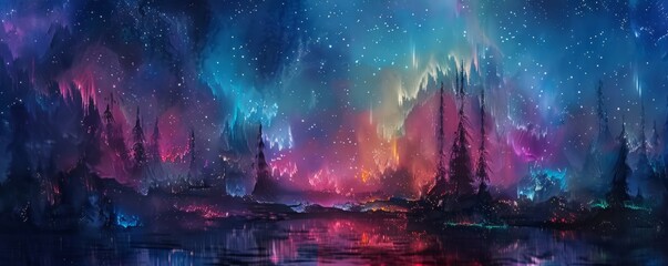 forest in the midnight sky on an abstract painting with stars in the sky Generative AI - obrazy, fototapety, plakaty