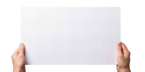Hands holding white clear paper isolated on the transparent background