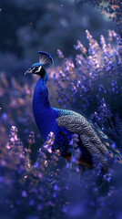 Luminescent Peacock Amidst Mystic Purple Forest. Male peacock in a lavender field. 