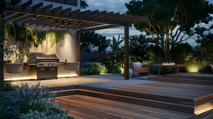 Teak wooden deck with decor furniture and ambient lighting. Side view of garden pergola with gas grill at twilight  - obrazy, fototapety, plakaty