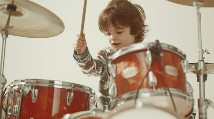 Cute hipster little boy drummer beating drum set devotedly isolated on white background, young...