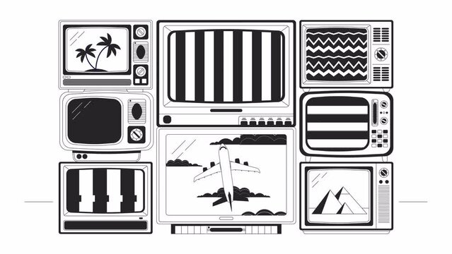 Vintage tv stack bw lo fi animated background. Old televisions with static screens 80s retro lofi aesthetic wallpaper cartoon animation. Retro tv pile monochrome linear chill 4K video motion graphic