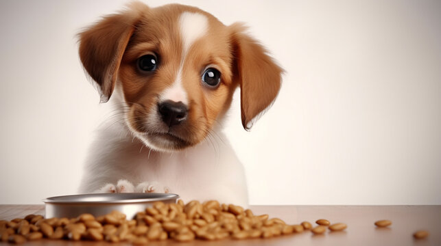 Dog food or brown granules in white bowl. pet waiting for feeding. Wide banner or panorama photo for space for text.