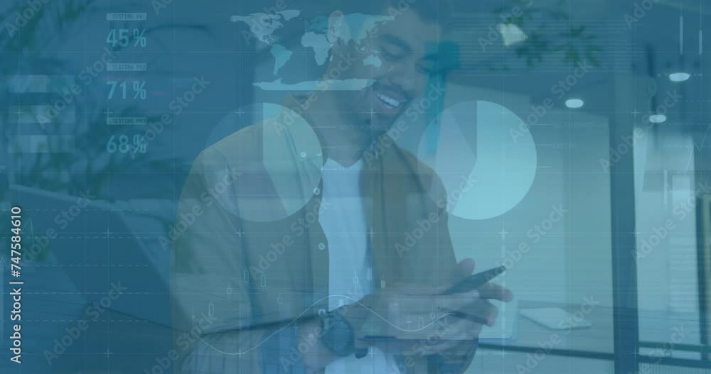 Poster animation of diagrams and data processing over biracial businessman using smartphone