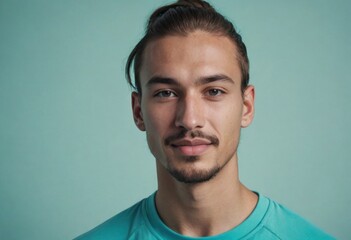 Fototapeta premium A young man with a mustache and teal shirt looks directly at the camera. The background is a soft blue shade.