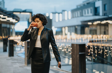 Fototapeta premium Elegant young woman savoring a warm beverage while standing in a cityscape adorned with sparkling festive lights.