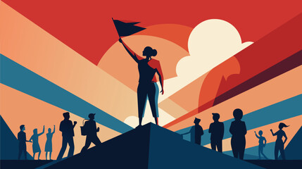 Woman Holding Flag on Top of Hill