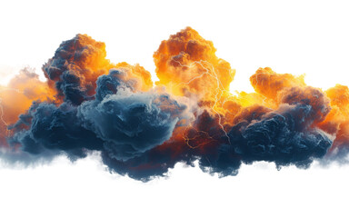 Blue and orange storm clouds with lightnings isolated on transparent background.