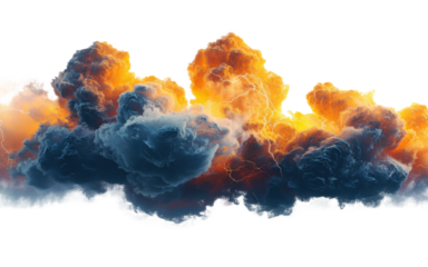 Blue and orange storm clouds with lightnings isolated on transparent background.