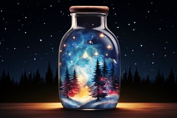 a glass jar with a picture of a forest and stars - obrazy, fototapety, plakaty