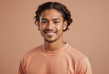 Obraz premium A friendly looking young man with curly hair smiles warmly. Soft peach background enhances the pleasant feel.