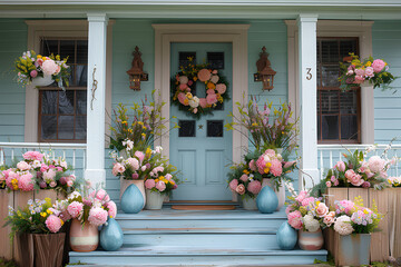 Fototapeta na wymiar Front porch decorated for Easter with spring flowers and colored eggs, wreath on the door, pastel colors spring decorations 