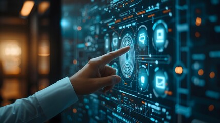 Futuristic Quantum Computing: Hand Pushing Touch Screen Button, Augmented reality, Metaverse.  no face photo - AI Generated