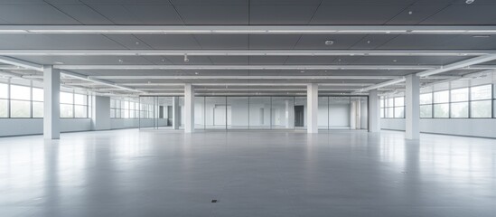A large, empty commercial office space devoid of decorations with an abundance of windows letting in natural light. The room is painted in shades of gray and features an open layout.
