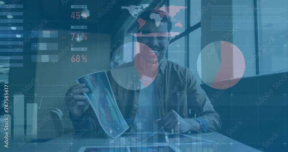 Aufkleber animation of diagrams and data processing over biracial businessman having video call