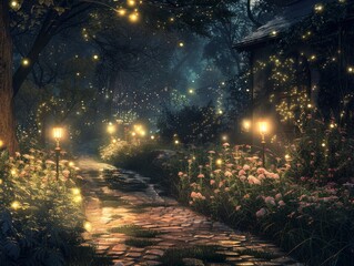 Enchanted garden at night, fireflies illuminating paths, magical tranquility