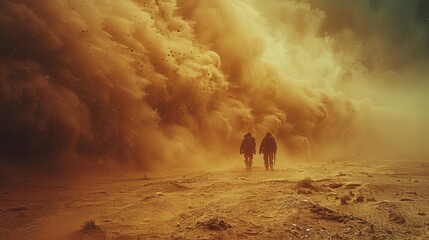 Final standoff in a post-apocalyptic wasteland, dust swirling, adversaries face off. - obrazy, fototapety, plakaty