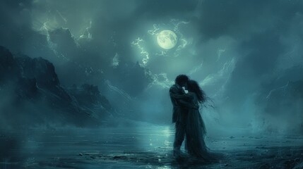 Embracing tearfully under the moonlit sky before a perilous journey.