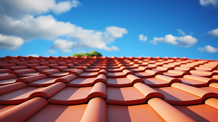 Photo of new roof, close-up of roof tiles against blue sky - obrazy, fototapety, plakaty