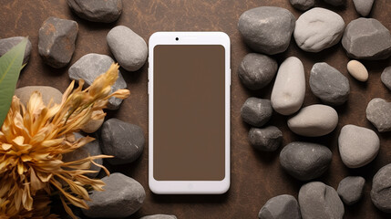 Mockup smartphone with blank screen on stone, green tropical scene. Phone on pedestal. Spa,...